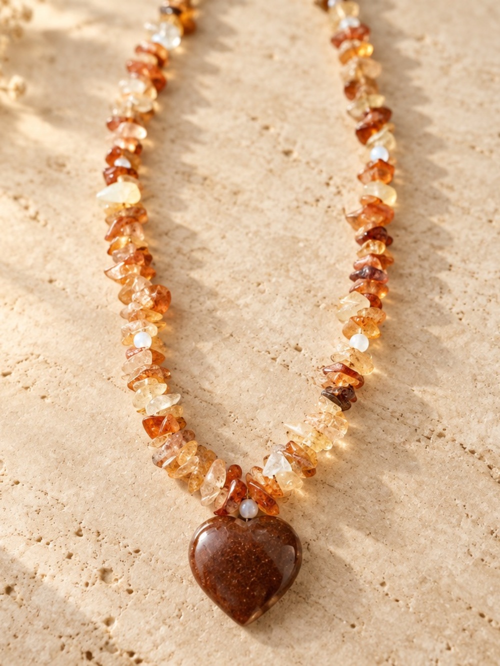 Heart Pendant Necklace in Amber and Citrine - Women Jewelry